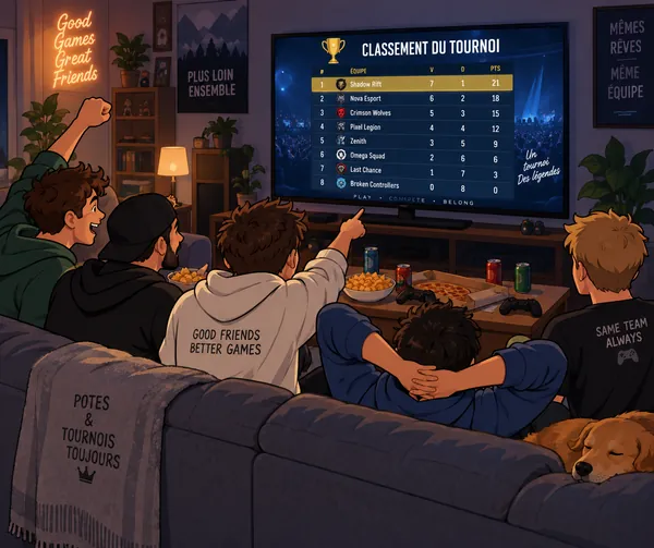 Cinq potes installés dans le salon, devant la télé qui affiche le classement en direct du tournoi — pizza, chips et manettes sur la table basse.